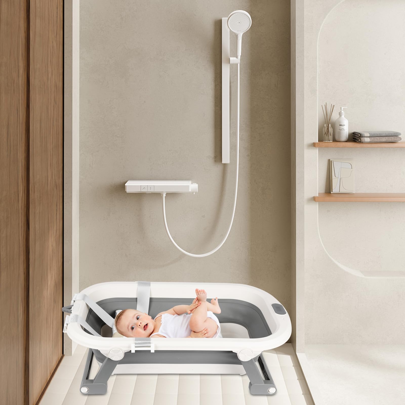 Bañera plegable para bebé con cojín antideslizante, termómetro incorporado, diseño portátil para el hogar y los viajes, XXL Benoire para bebé de baño, fácil de limpiar (gris, 80 x 50 x 22 cm)