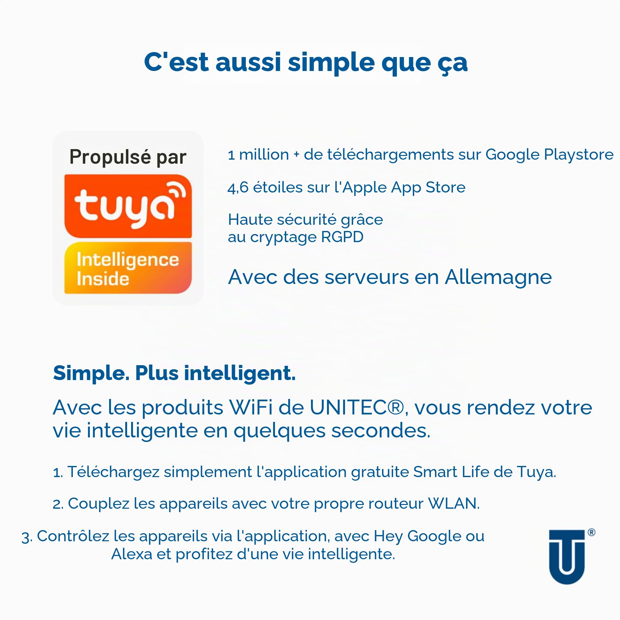 UNITEC 30798 Multiprise Wi-Fi 4 x 2 | Prise intelligente Wi-Fi avec minuterie | Mesure des coûts d'énergie | Commande vocale et application | Avec 2 sorties USB