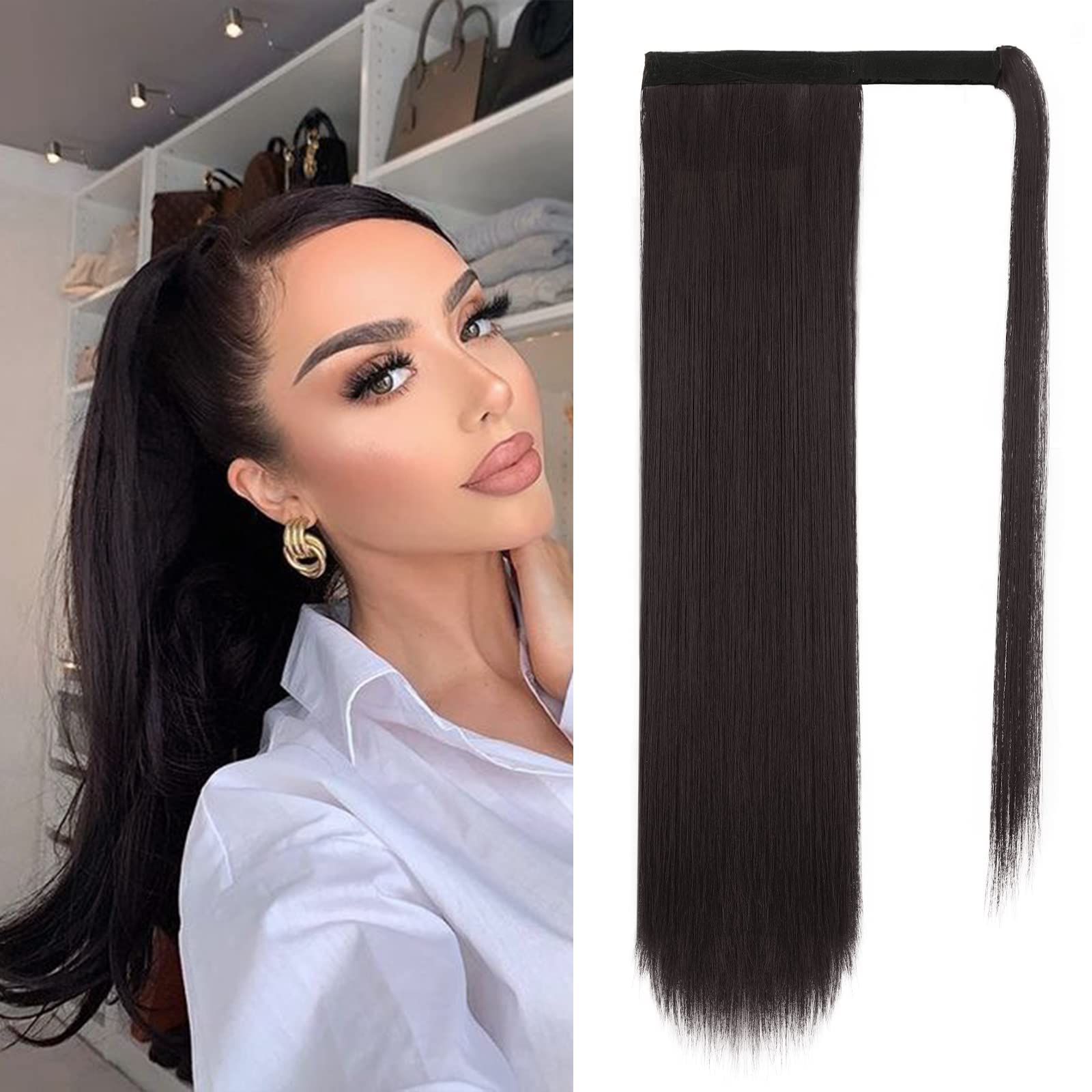 BARSDAR Darkest Brown Straight Wrap Ponytail Extension - 20 Inch Long Straight Wrap Around Ponytails for Women Clip in Ponytail Hair Extensions