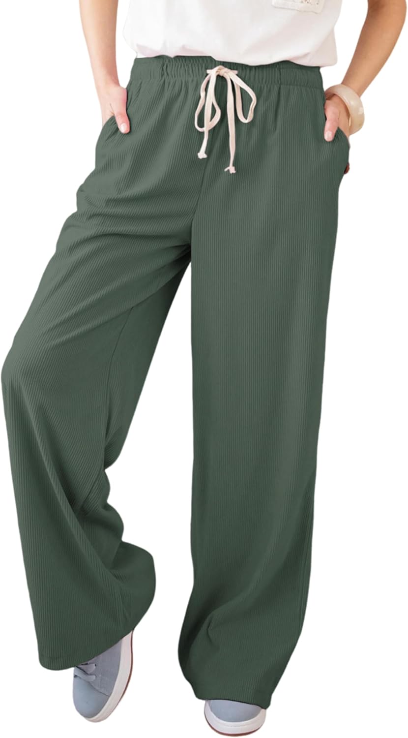 Ailoqing Women's Casual Corduroy Pants Drawstring Elastic Mid-Rise Straight Leg Pants Loose Comfy Trousers with Pockets
