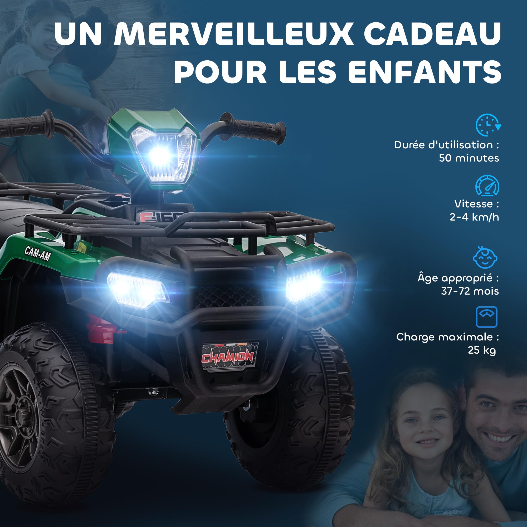 HOMCOM Quad électrique Enfant 12V, Voiture électrique Enfants, Double Moteur, Vitesse 2-4 km/h, phares et Musique, Marche Avant et arrière, Voiture à Batterie pour 3 à 5 Ans, Vert
