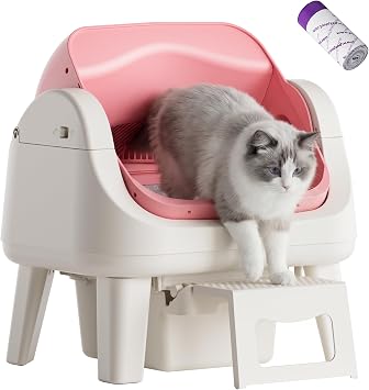 PetPivot Open Top Self Cleaning Cat Litter Box, Automatic Litter Box with 7 Pairs of Safety Sensors, Anti-Pinch Protection and Easy Access Step for Senior Cats, Pink