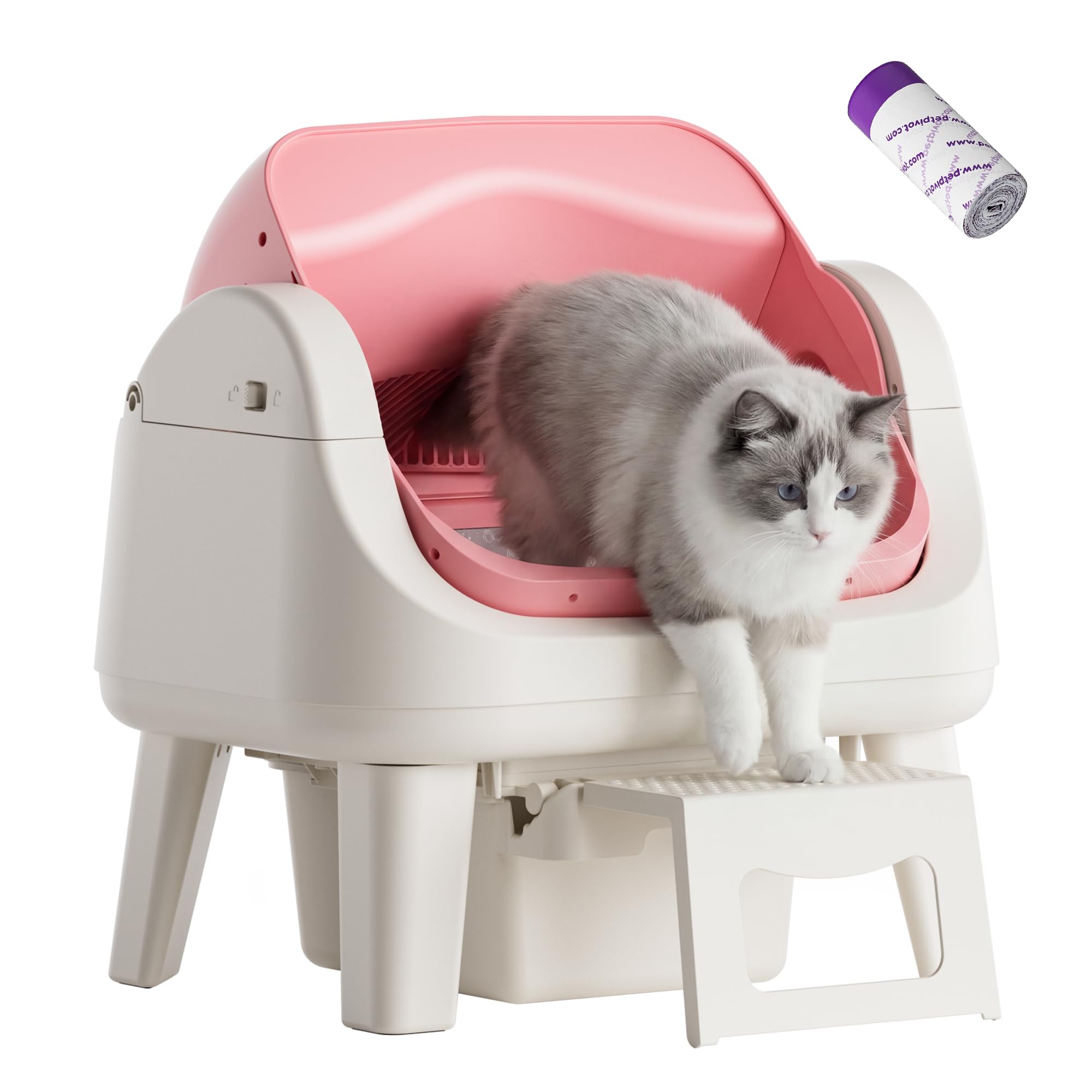 PetPivot Self Cleaning Litter Box, Open Top Automatic Cat Litter Box, Pink | 7-pair safety sensing, open-top easy entry, app-free operation, clumping-litter compatible, senior-cat step.