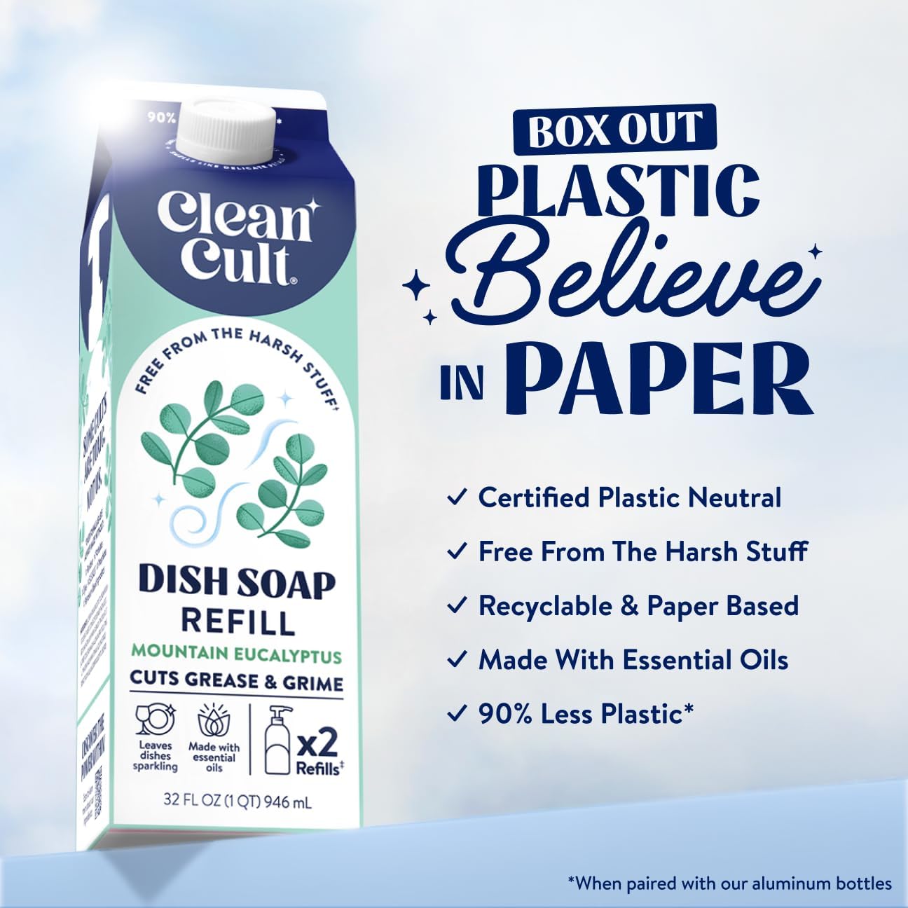 Cleancult Dish Soap Liquid Refills - Plant Based Cleaning Power - Cuts Grease & Grime - Free of Harsh Chemicals - Uses 90% Less Plastic - Mountain Eucalyptus - 32 oz/3 Pack image 2