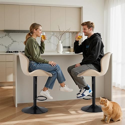 Miniatura 7 de Sweetcrispy Juego de 2 taburetes de bar, sillas de bar giratorias modernas, taburetes de bar tapizados de tela ajustable, altura de mostrador con