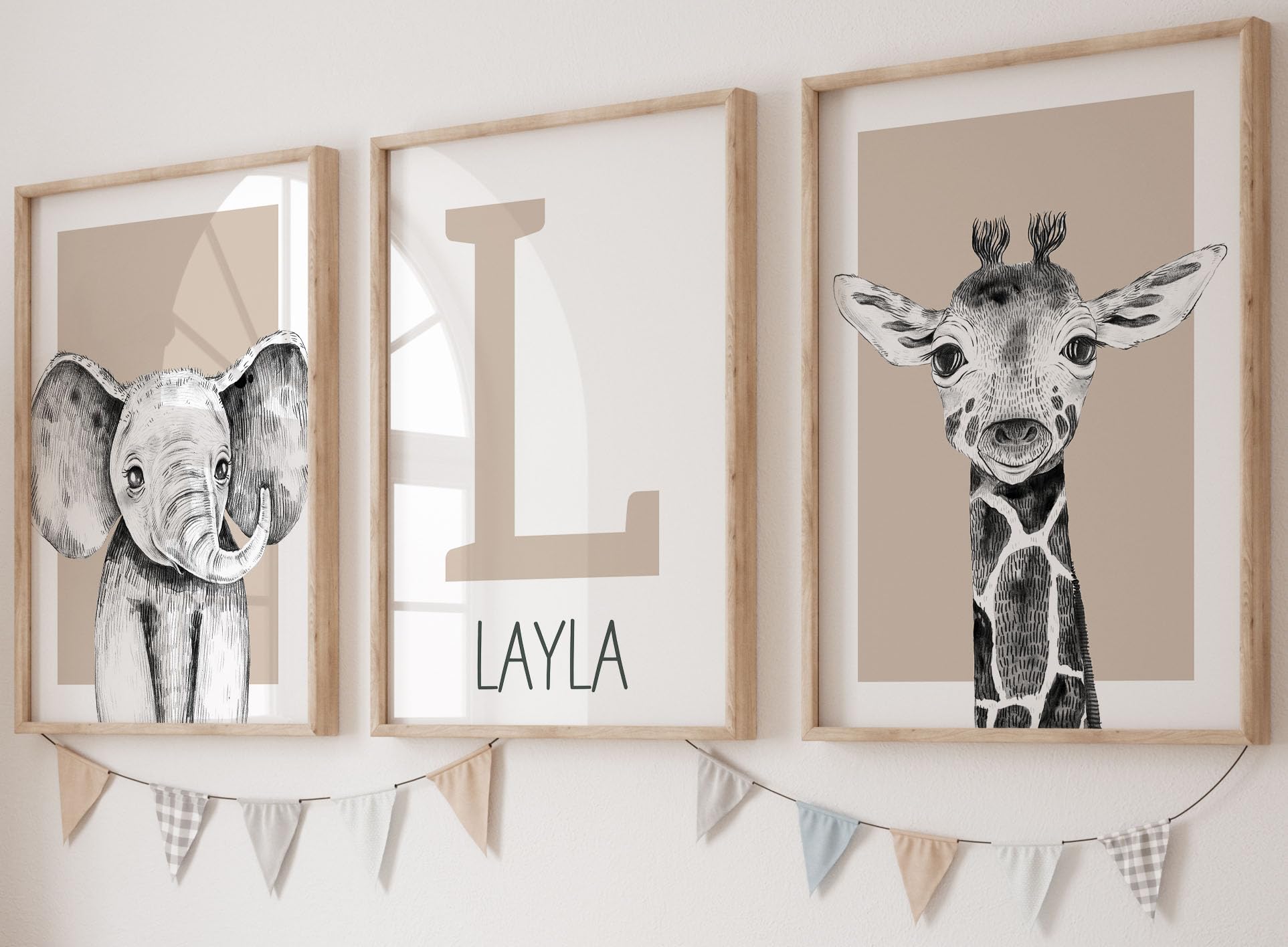 Personalised Safari Animals Set of 3 Unframed Poster Prints For Boy Girl Nursery Bedroom, Personalise Name, 5 Colour Combinations, Neutral Safari Theme Wall Art, Beige Blue Sage Blush Grey (A4) — image 1