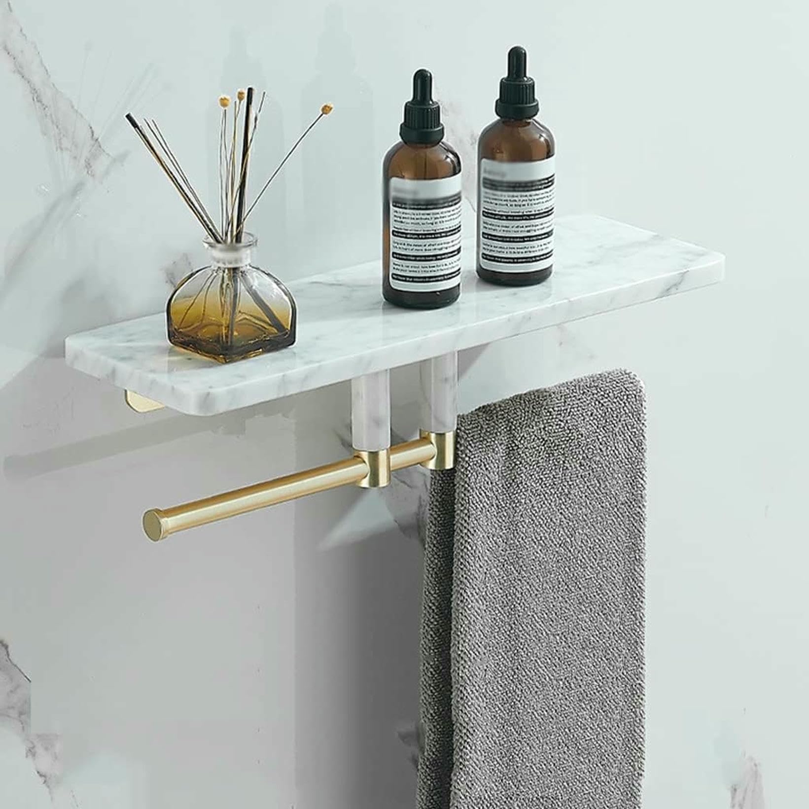 Caddy de douche en marbre blanc et cuivre avec porte-serviettes mural