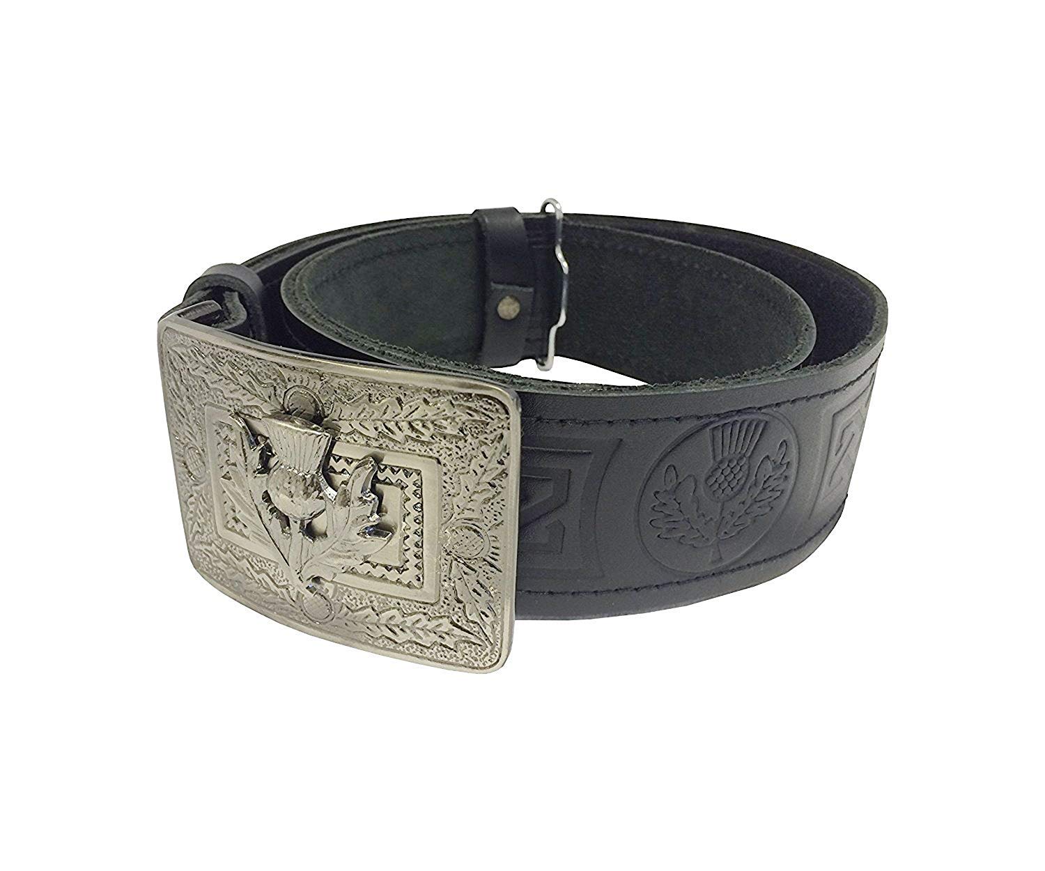 Gents Scottish Leather Kilt Belt and Buckle Thistle Design (Large)
