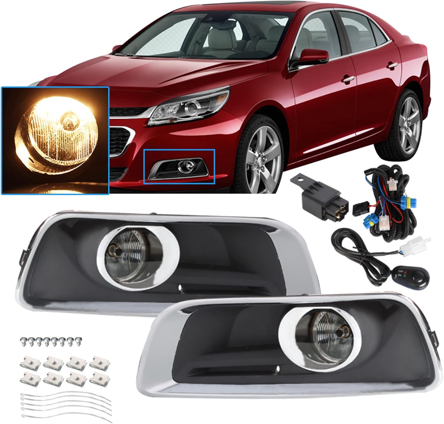 WFLNHB Fog Lights Assembly Replacement for 2013-2015 Chevy Malibu with Bulbs + Bezels + Harness Switch Kit Driving Lamps Fog Lights Driver & Passenger Side