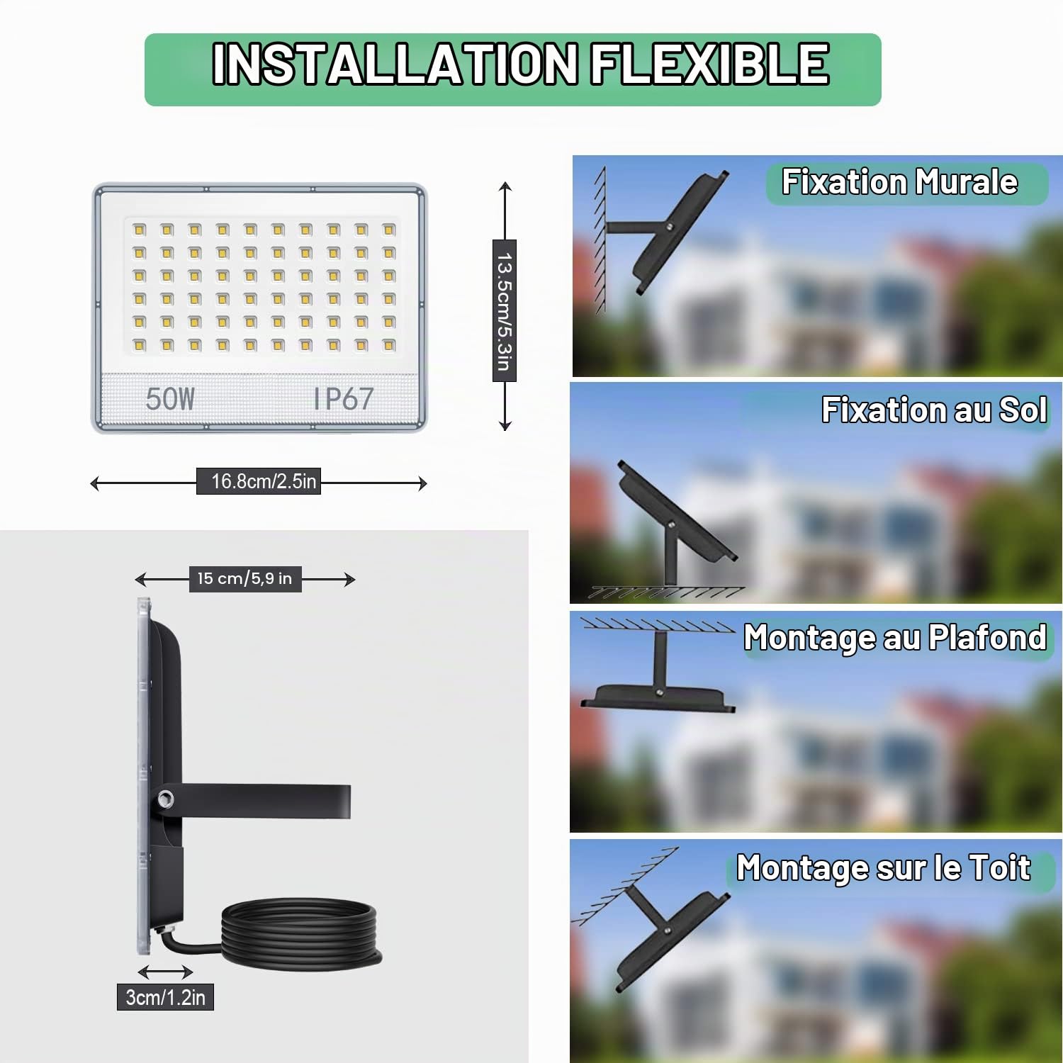 Projecteur LED Extérieur 50W 5000LM 6500K | 2PCS IP67 Etanche Phare Exterieur 6500K Blanc Froid, pour Cour, Jardin, Garage