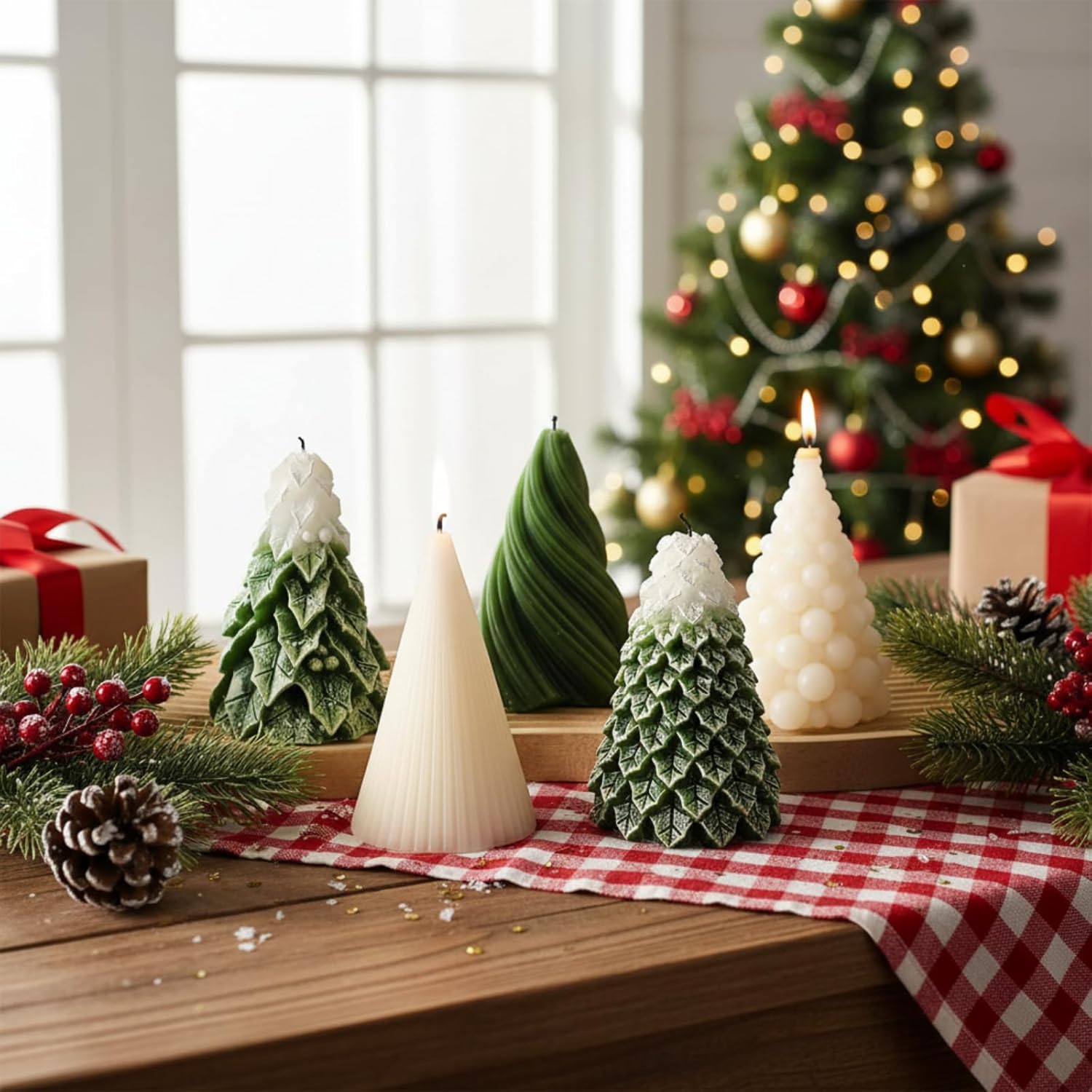 Conelist 5 Pcs Christmas Tree Shaped Candles 3 x 4.7 Inch Large Wax Scented Soy Candle White Green Swirl Snowy Cedar Tree Design Christmas Table Decorations Indoor for Xmas Holiday Birthday Gifts