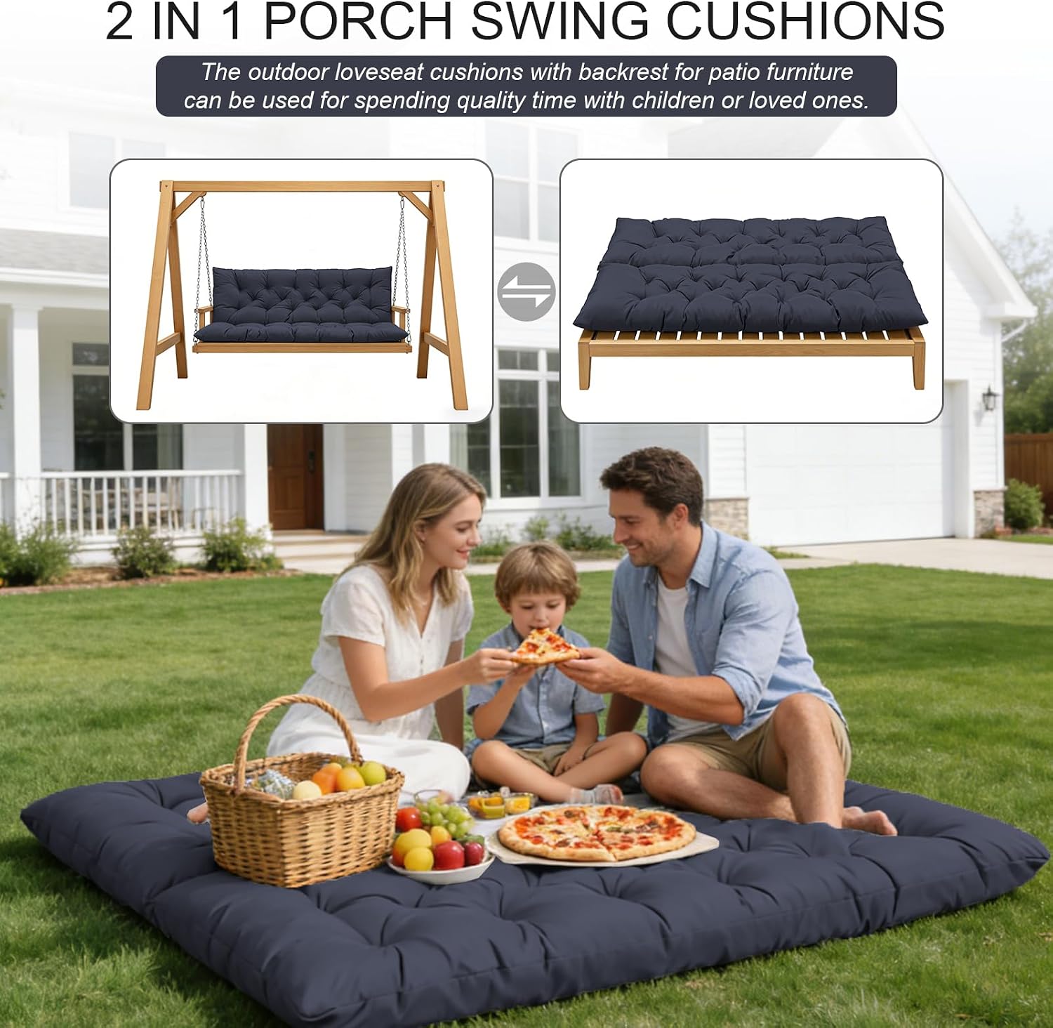 Porch Swing Cushions, Outdoor Swing Replacement Cushions 3 Seater with Backrest, Waterproof Bench Cushion with Ties,for Patio,Porch, Garden,Backyard