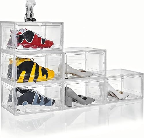 Caja de zapatos transparente apilable de plástico mejorado, paquete de 6 cajas de almacenamiento de zapatos, organizador con puerta magnética grande