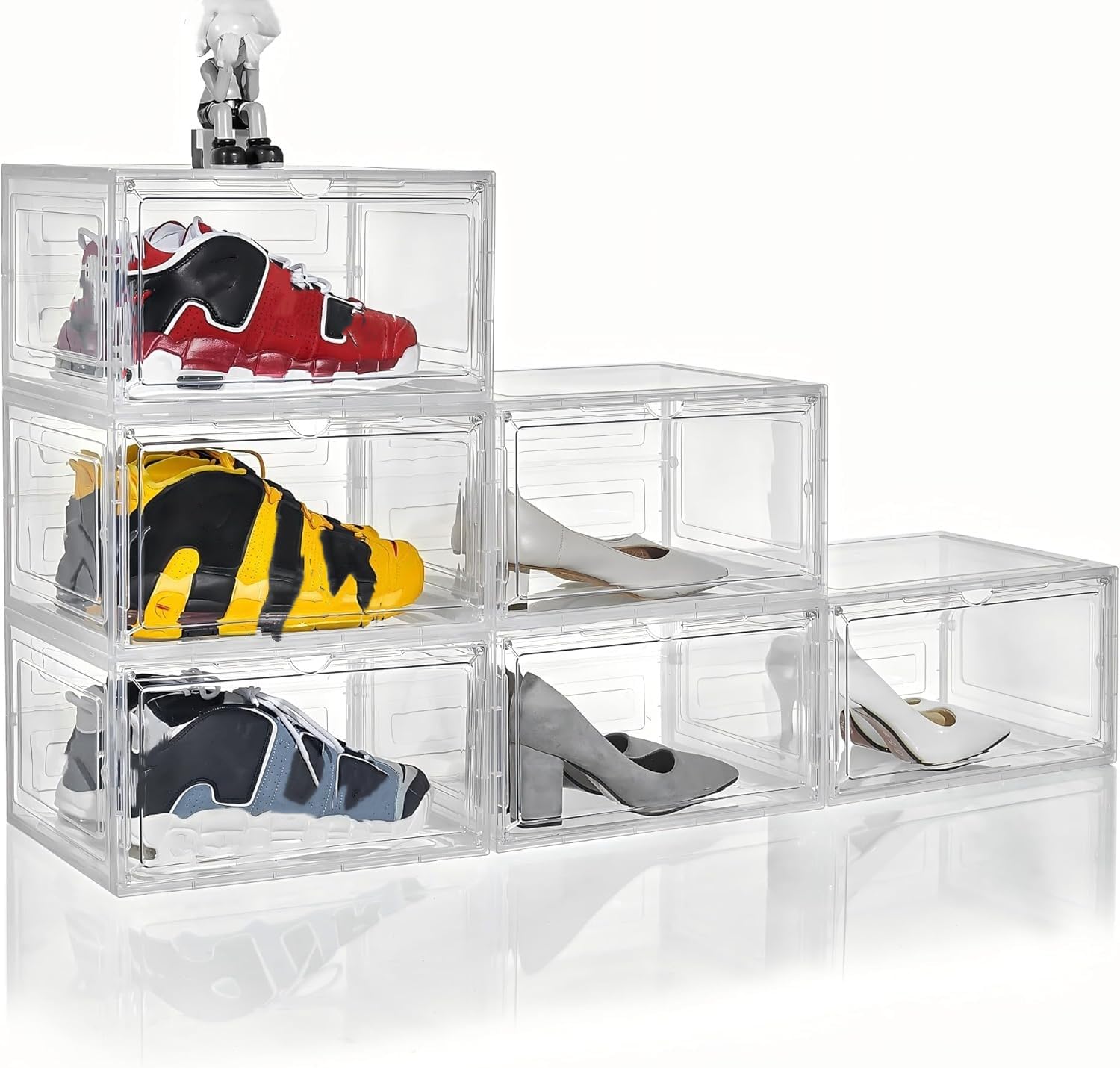 Clear Shoe Box Plastic Stackable Upgraded 6 Pack Shoe Storage Box Organizer with Clear Large Magnetic Door for Display Sneakers Easy Assembly, White