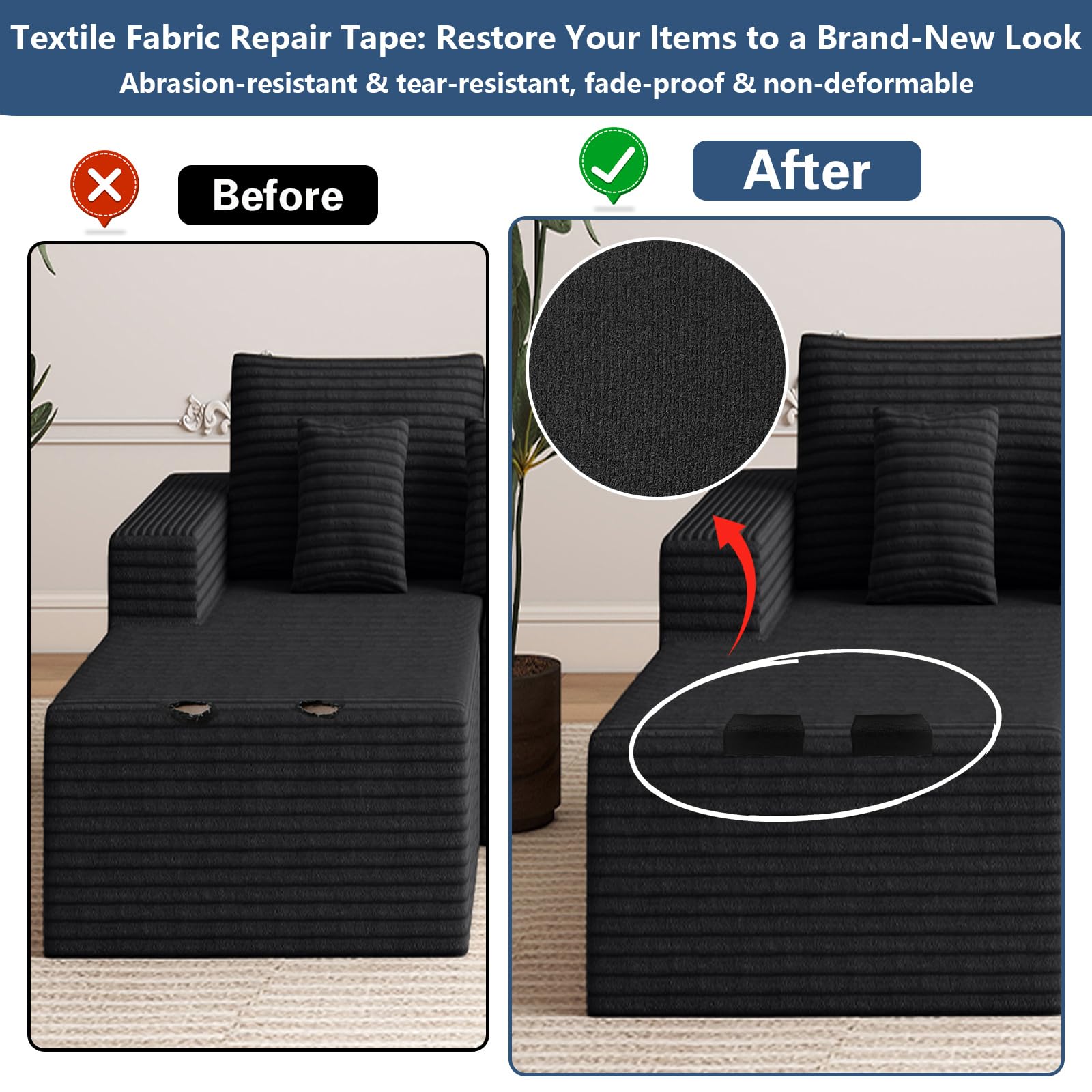 2 Stück Gewebe-Reparaturband, 10x200cm Textilklebeband Wasserdicht, Gewebe-Reparaturband für Sofa, Autositze, Zelt, Markise, Segeltuch, Daunenjacke, Löcher in Stoff (Schwarz+Grau)