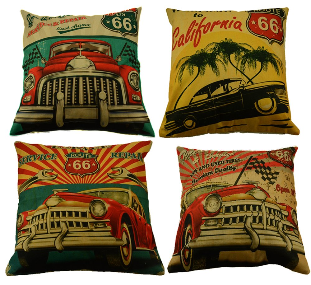 MHB Decorative 66 Gasoline Retro Classic Cars Cotton Linen Throw Pillow Covers 18 x18 Inch (Pack of 4 Pieces)
