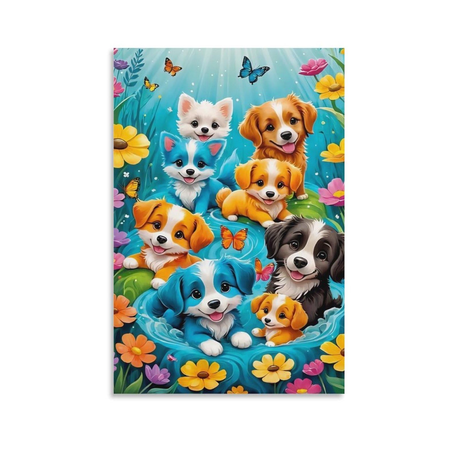 DHBANEIOK Cute Puppy Group Poster Artwork Canvas Prints Picture Modern Canvas Wall Art Picture Wall Hanging for Bedroom Living Room Decor 20x30inch(50x75cm)