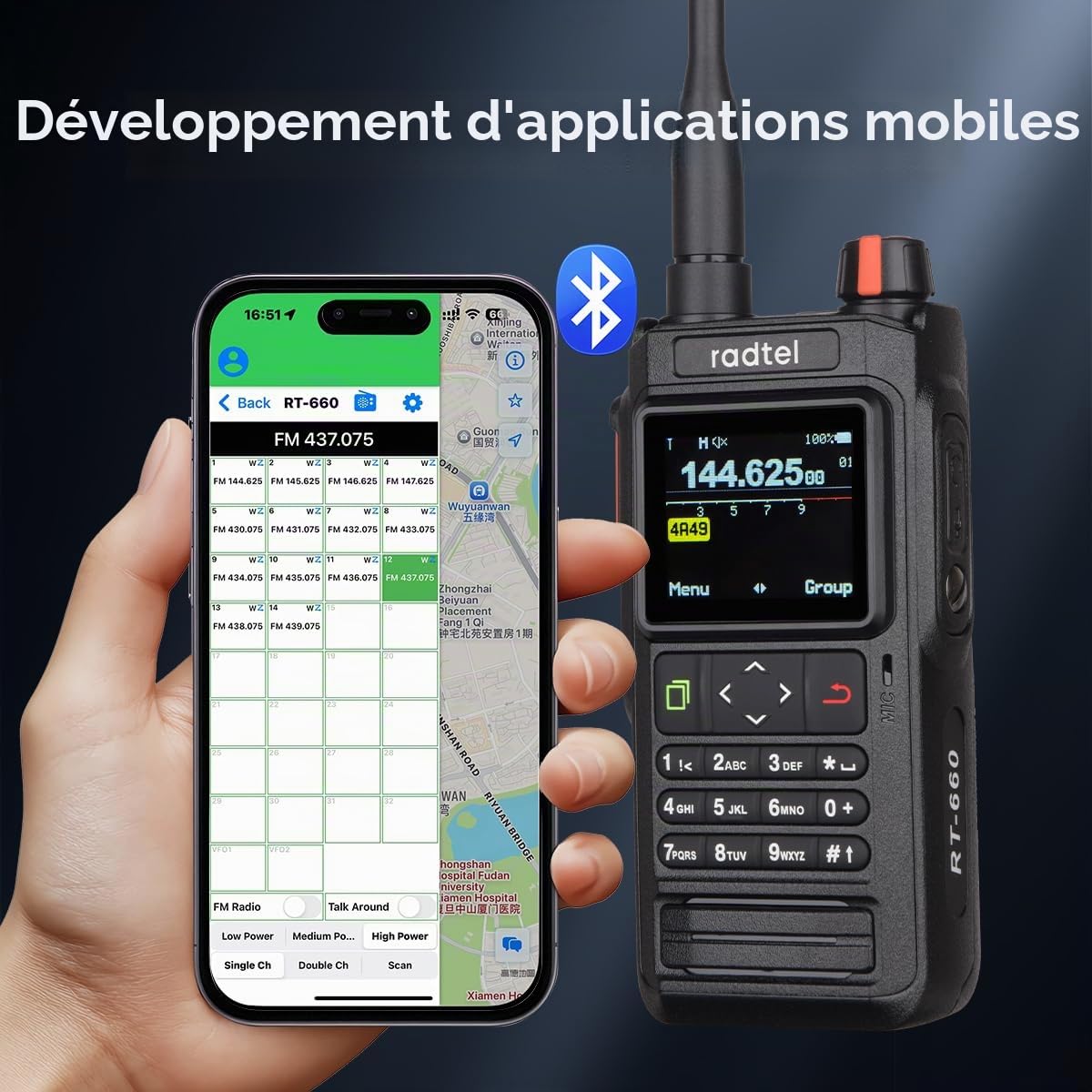 Radio bidirectionnelle Radtel RT-660 IP67 GPS Bluetooth VHF/UHF bibande avec APRS, SATCOM, Kiss, TNC, SMS, Scanner de trafic aérien, alertes météo NOAA et Batterie Rechargeable USB-C