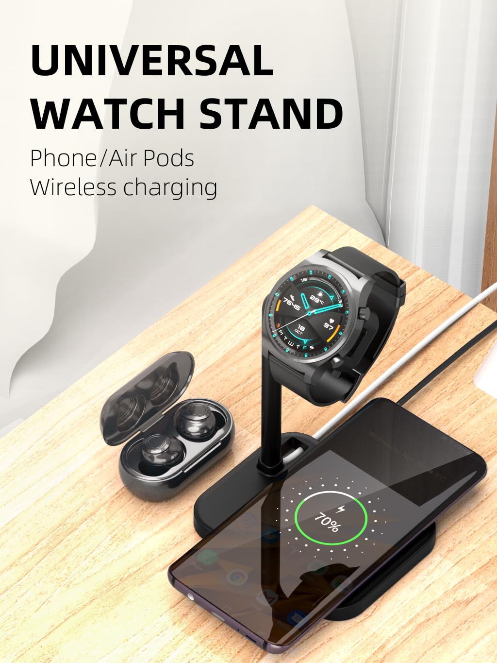 Support de montre 2 en 1 - Chargeur sans fil compatible avec iPhone/Huawei/Samsung/Airpods - Support pour montre connectée Samsung Galaxy, LG, Garmin, Google (montre non incluse) - Noir