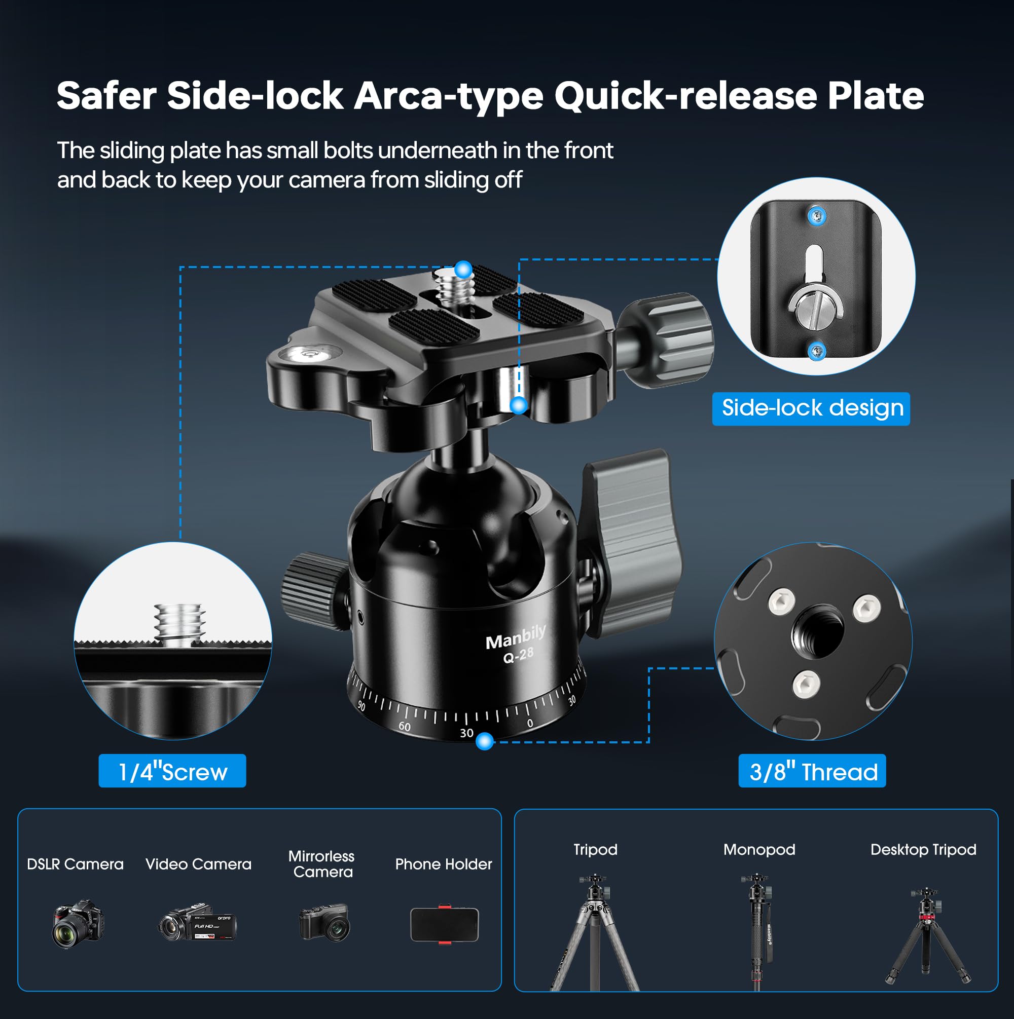 Manbily Q-28 Kamera Kugelkopf 28mm für Stative Low-Profil Kugelköpfe Halterung Einbeinstativ Schießen Metall Aluminium Max 10kg, mit doppeltem U-Slot Arca-Swiss QR-Platte für DSLR Telefon