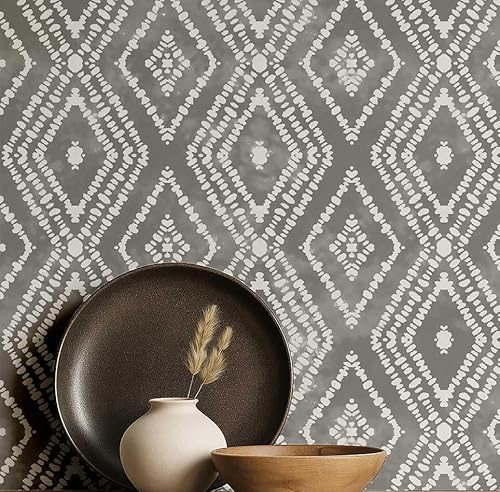 S4Sassy Papel tapiz Diamond Ikat - Revestimiento de pared gris, vinilo texturizado autoadhesivo de 63 x 152 cm, fácil de instalar y decorar con estética bohemia.