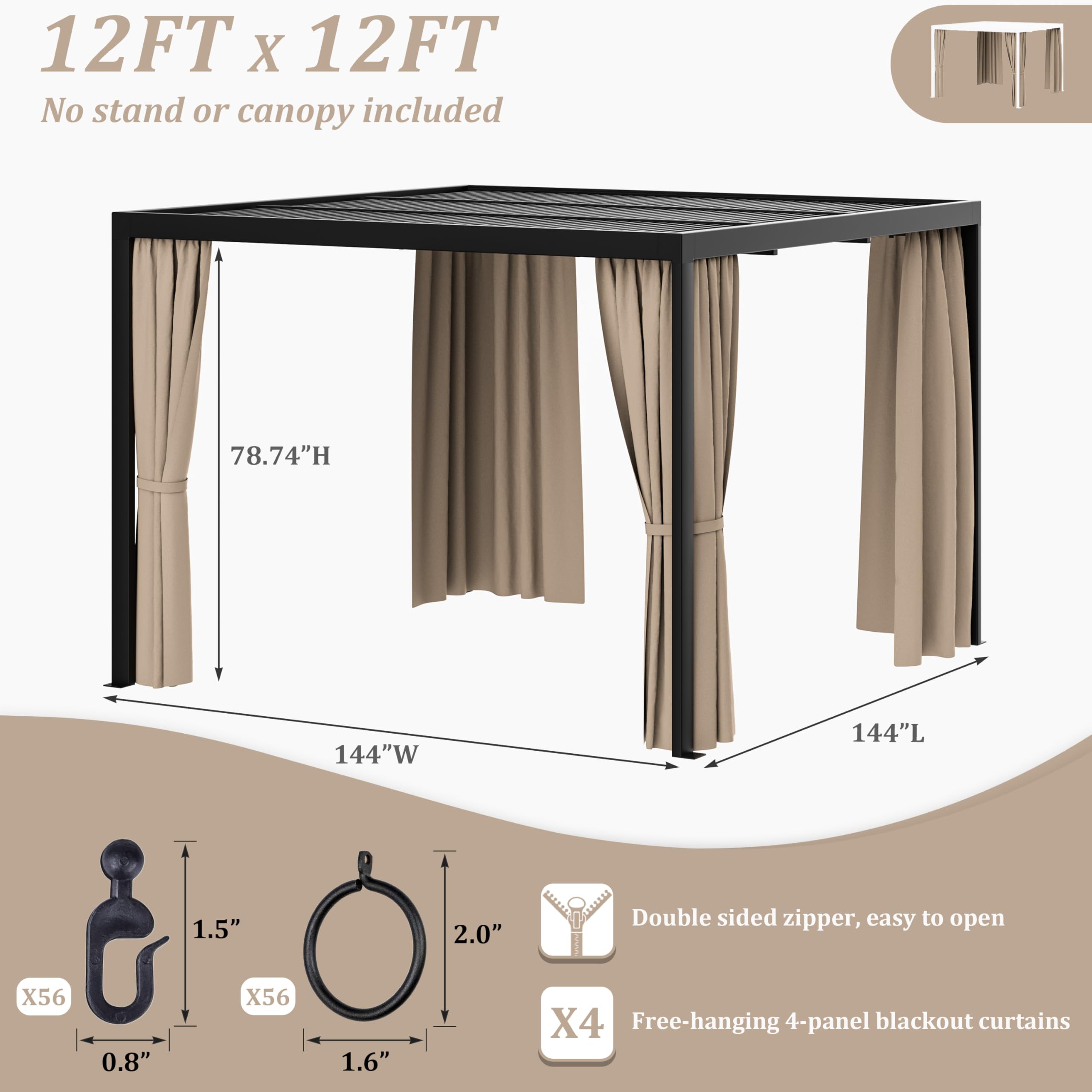 Kimunuk 12' X 12' Gazebo Curtains Universal Replacement, Sidewall 4-Piece Privacy Curtains for Patios, Outdoors, Decks, Gardens