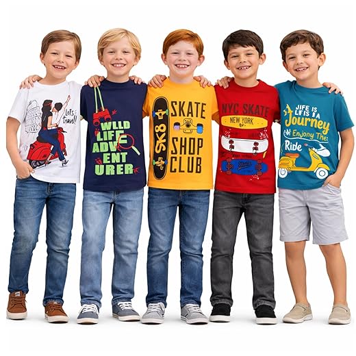 T2F Boys Cotton Regular fit T-Shirts Pack of 5 |Soft Cotton Breathable Fabric | Half Sleeve Round Neck | Casual Wear Combo | Kids Clothing
