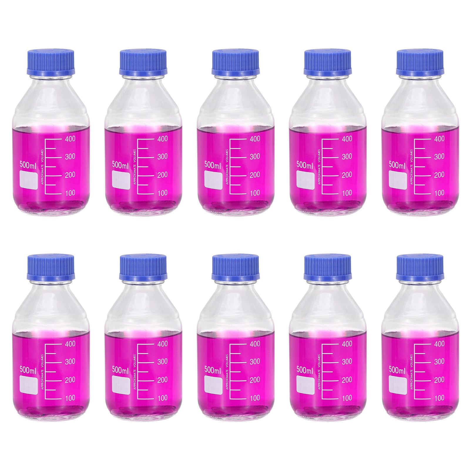 PATIKIL 10er Pack Reagenzglas-Aufbewahrungsflaschen 500ml Borosilikatglas Graduierte Runde Flaschen Mit GL32 hellblauer Schraubverschluss Für Labor Wasser Reagenzflüssigkeiten Klar