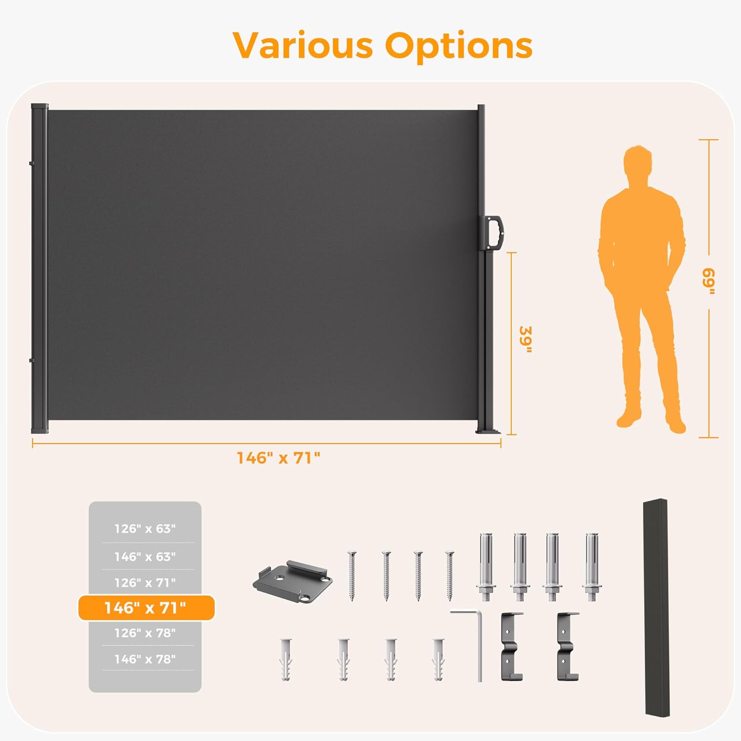 HOMEDEMO 146" x 71" Retractable Side Awning with Privacy Screen Protection, Carbon Gray Waterproof & UV-Resistant Outdoor Side Pull Shade for Patios, Balconies and Gardens