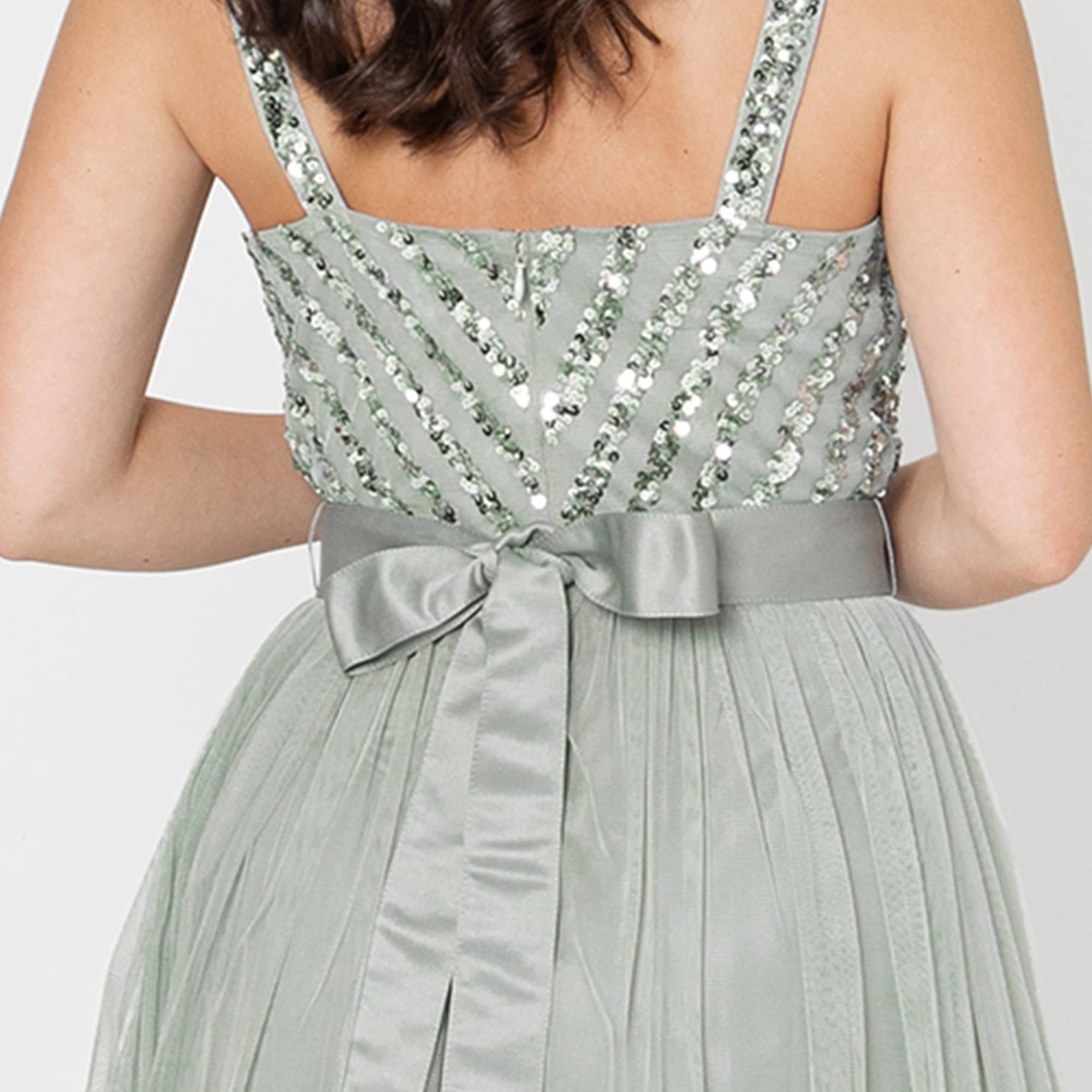 Maya Deluxe Maxi Abendkleid Damen Elegant für Hochzeit mit V-Ausschnitt Tüllkleid Damen mit Schleife Brautjungfernkleid