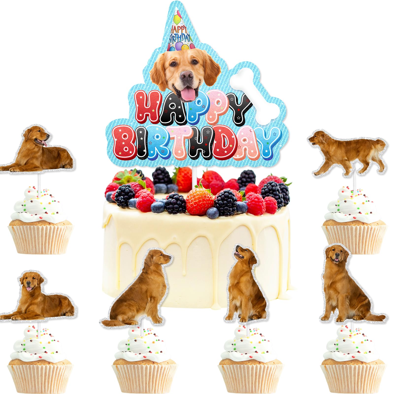 7Pcs Cute Dog Cake Topper Set Themed Puppy Happy Birthday Paw Prints, Dog Birthday Party, Pet Party Baby Shower Party, or Boys and Girls Birthday Party Bones, Golden Retriever Decorations. LIANGSS