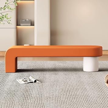 YCKEGEW Upholstered Sofa Stool Modern Leather Long Ottoman Shoe Bench for Entryway,Bedroom End of Bed Benches,Living Room Lounge Footrest StoolOrange+White,80cm