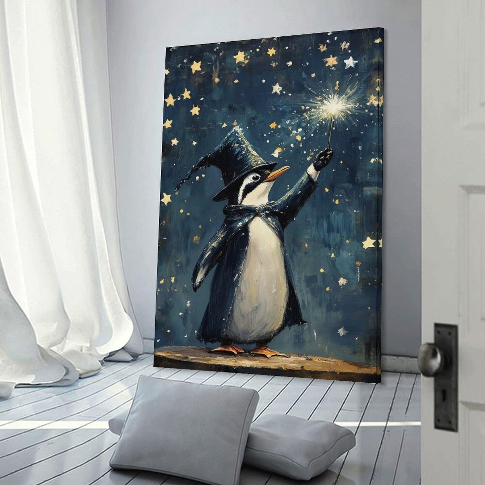 Junmoney Penguin Wizard with Wand And Stars Canvas Wall Art, 20x30inch(50x75cm), for Workspace Walls, Study Corners Or Bedrooms, An Interior Accent for Desk Areas