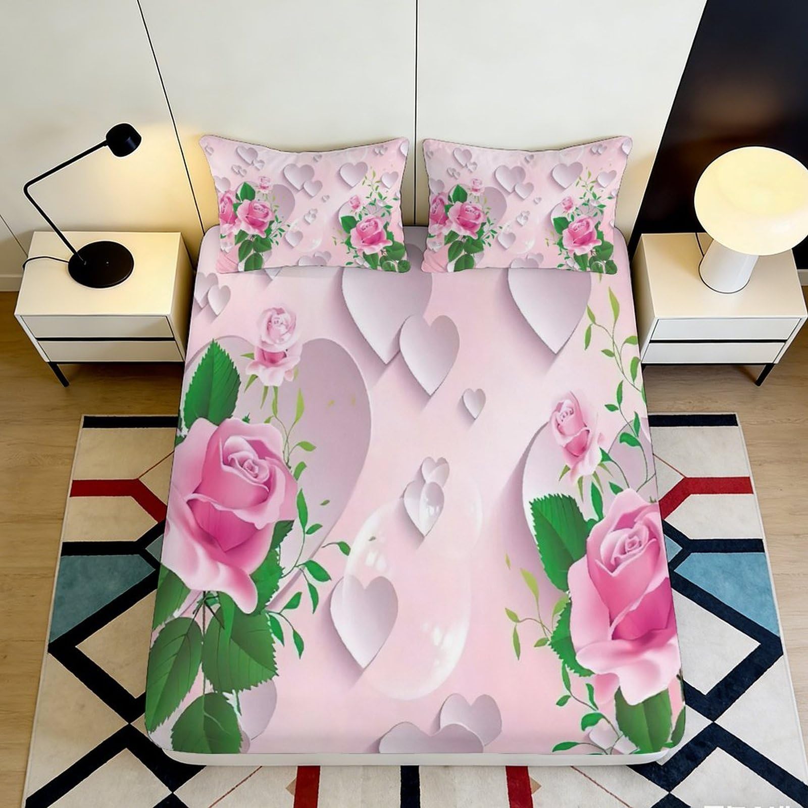 3D Printed Rose Fitted Sheet Microfiber Deep Pocket Bedroom Bedding Romantic Heart Mattress Fitted Cover Full Wrap Washable 200x200x25cm 90x200x25cm