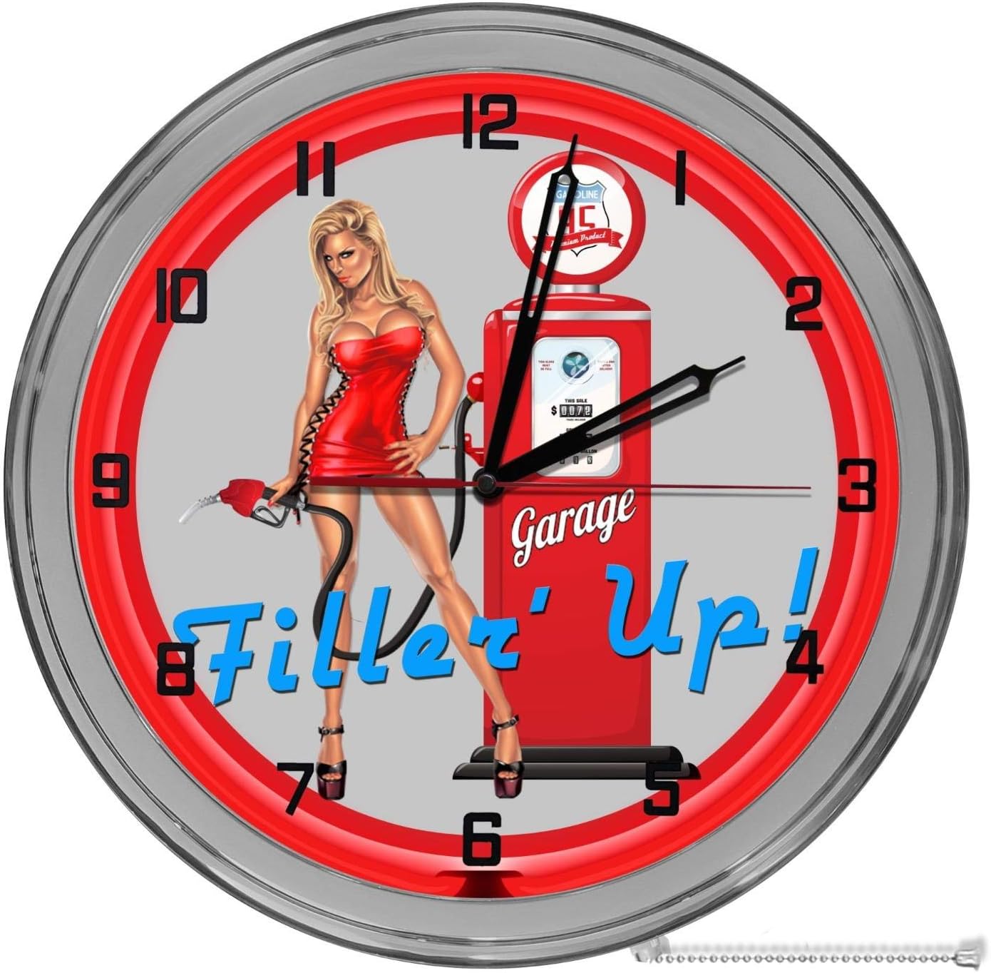 Gas Station Gas Pump Girl 16" Light Up Red Neon Clock