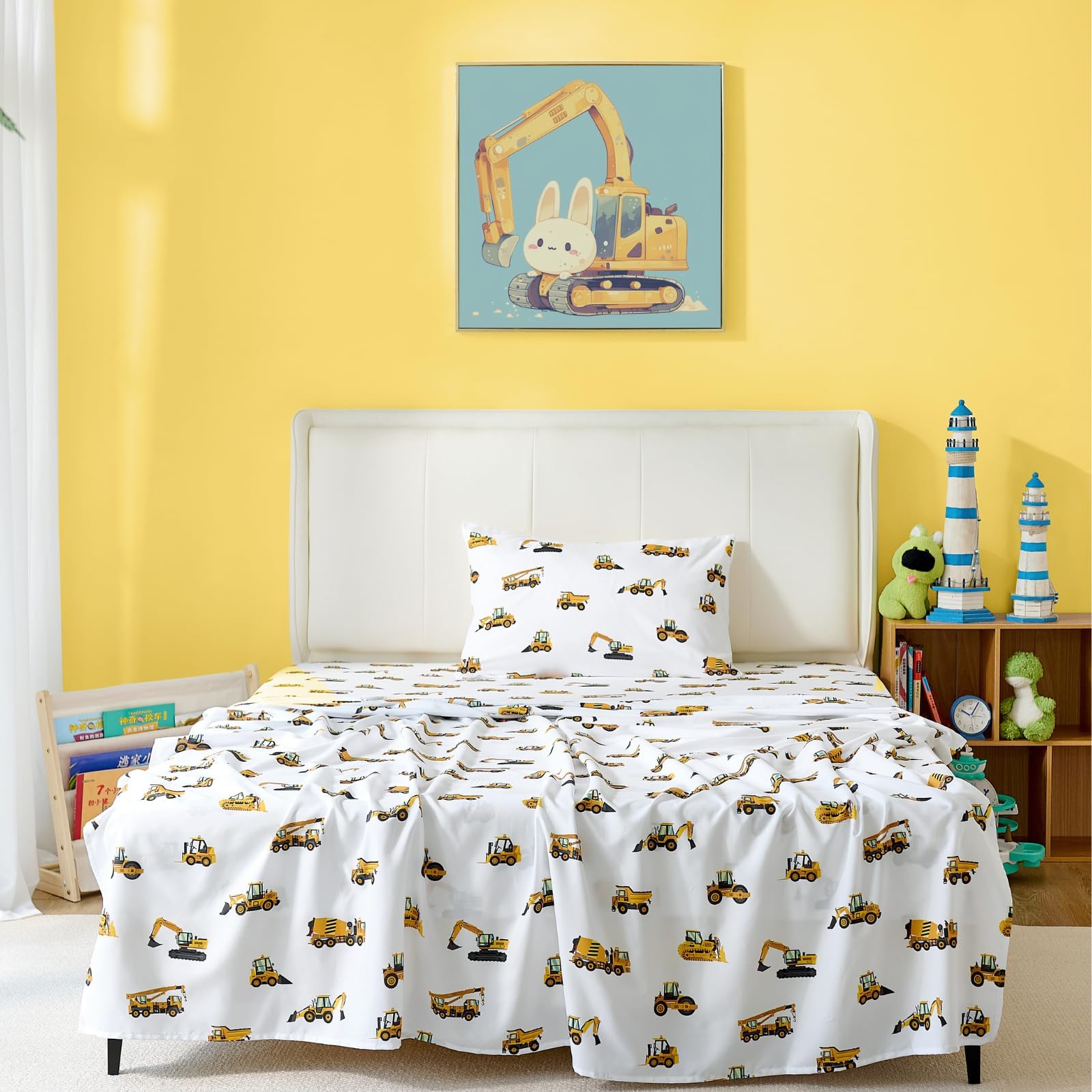 3-Piece Twin Size Bed Sheet Set by Coukouchyi, Soft & Breathable Kids Fitted & Flat Sheet for Boys with Deep Pocket, Construction Cars