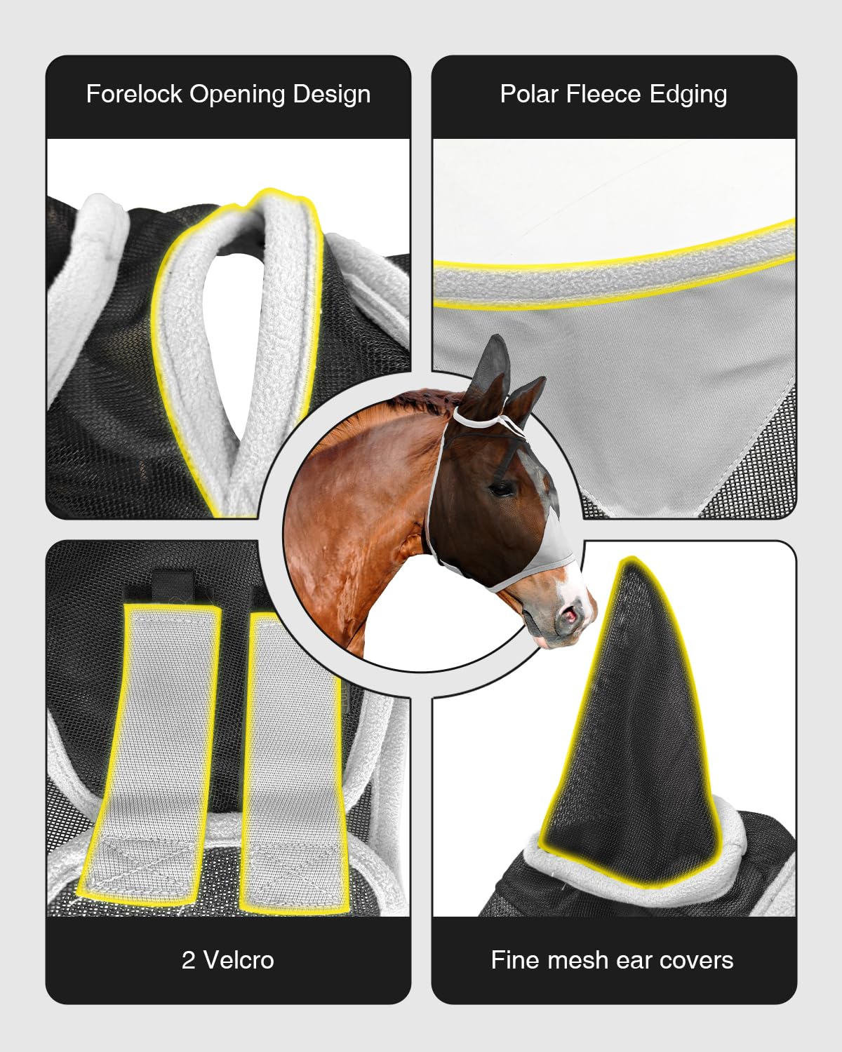 Hilltown Máscara de mosca ajustable para caballo con orejas, bloqueo UV, gran espacio para los ojos, transpirable, construida para durar, ajuste cómodo, máscara de mosca de caballo para estabilidad