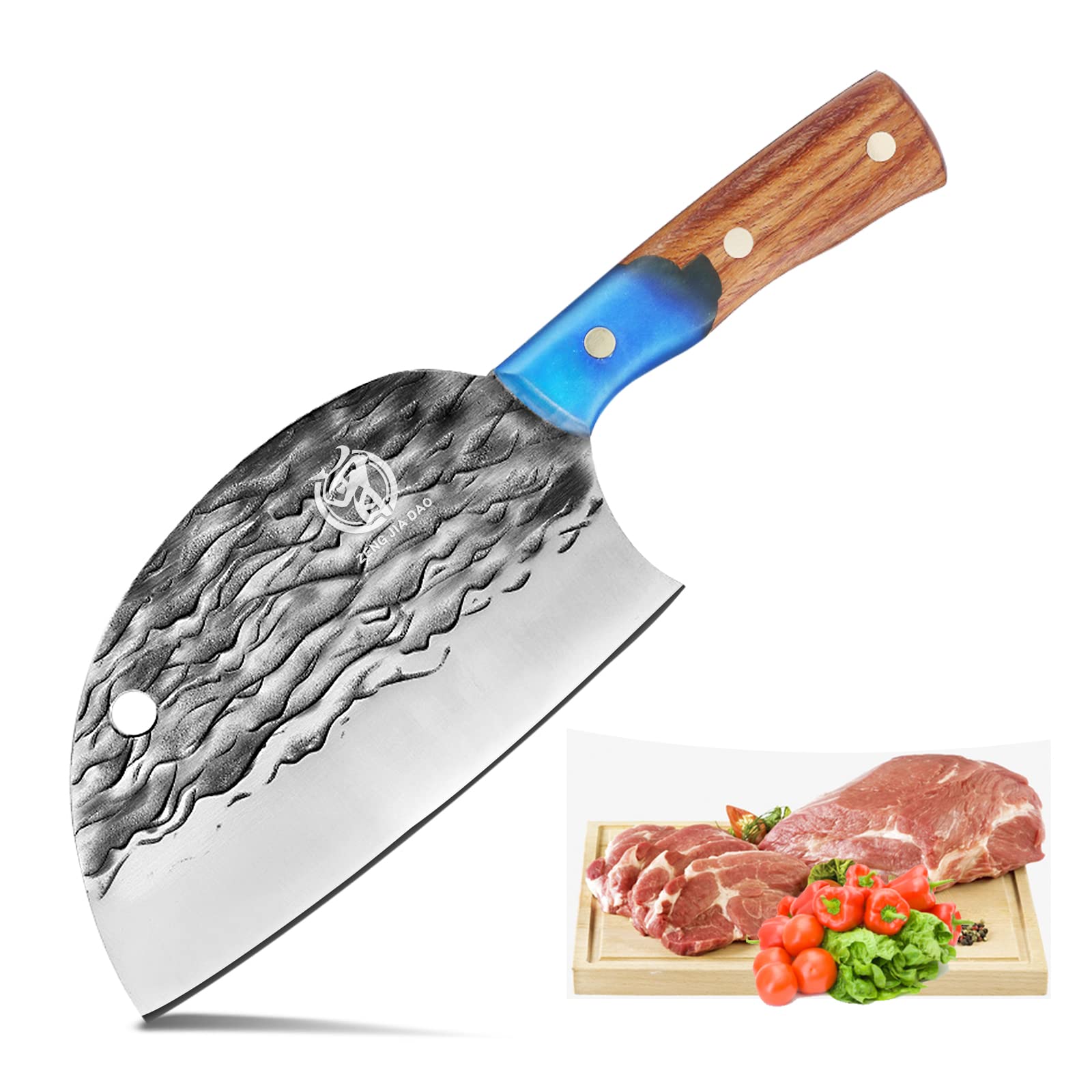 ZENG JIA DAO Forged Serbian Chefs Knife, Forged in Fire Knife, 7'' Vegetable Cleaver HC Steel Meat Cleaver Knife Ergonomic Pakka Wood Blue Resin Handle for Kitchen/Restaurant/Slaughter House
