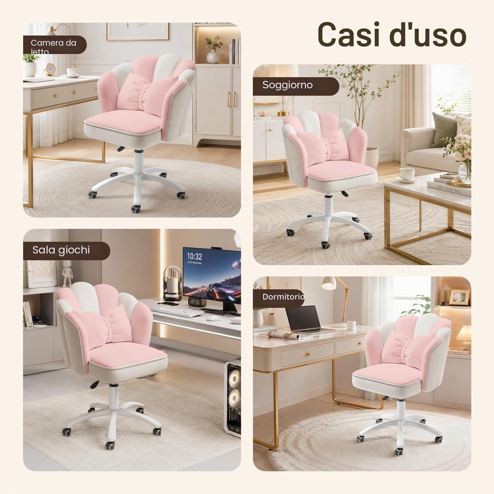 Sedia Vanity Velluto Petalo - Sedia da Scrivania Moderna Imbottita e Trapuntata con Schienale,Sedia da Ufficio Regolabile in Altezza per Camera da Letto e Soggiorno(Rosa e Bianco)