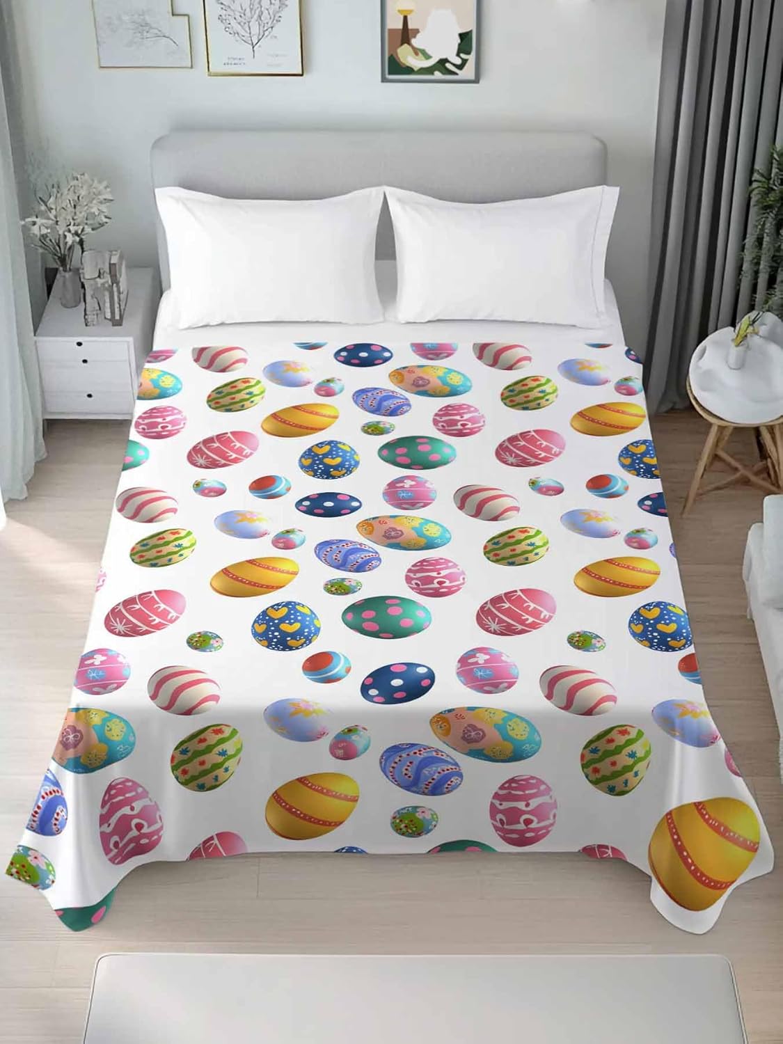 King Size Flat Sheet Only, Happy Easter Colorful Egg Bed Top Sheet Soft Microfiber Breathable Bedding Flat Sheets, Seamless Eggs on White Top Sheets Hotel Luxury