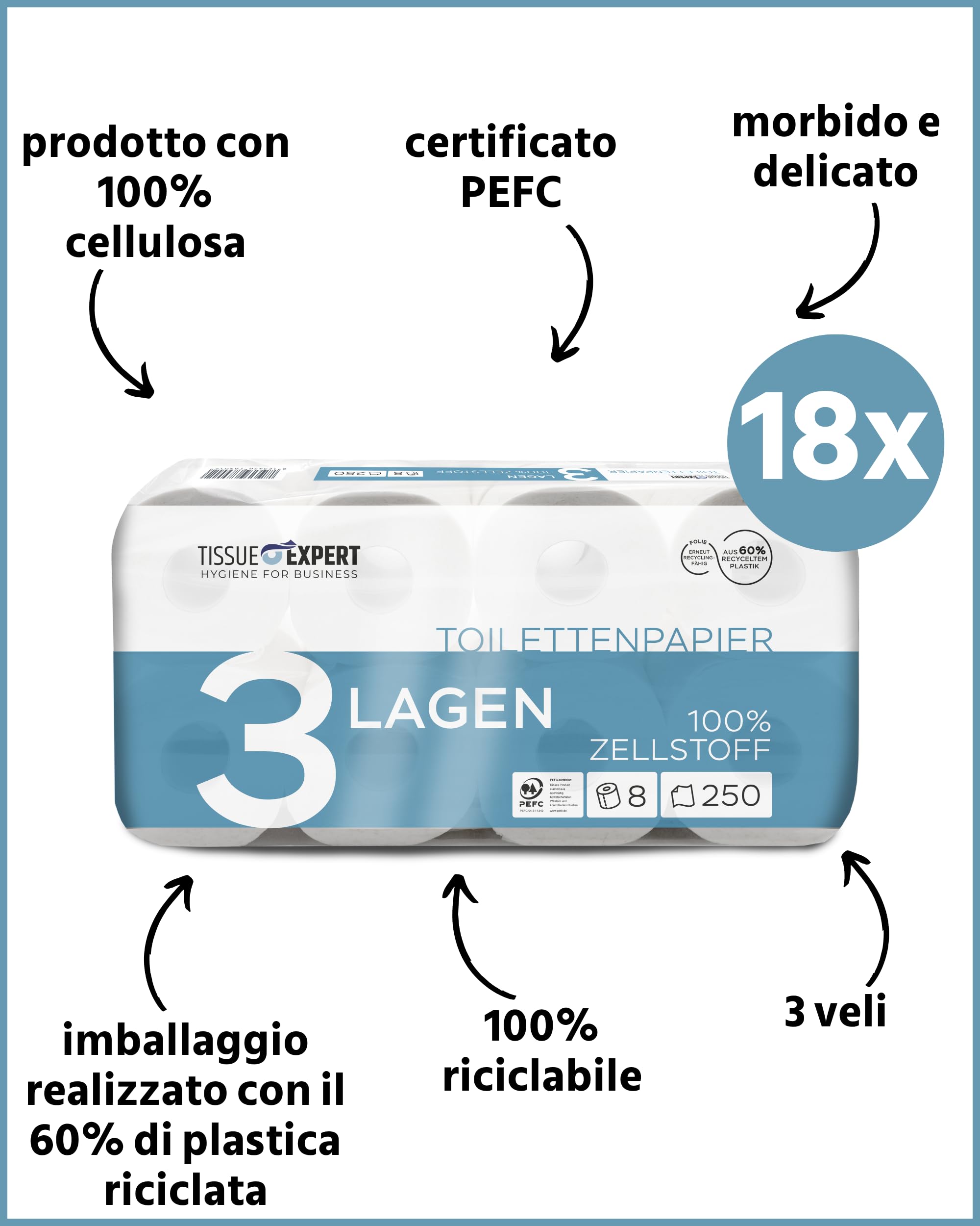 Carta igienica, 3 strati, 144 rotoli x 250 fogli, 100% cellulosa, carta igienica super morbida, confezione grande per uso commerciale, carta igienica, confezione da 60% PCR (144 rotoli)