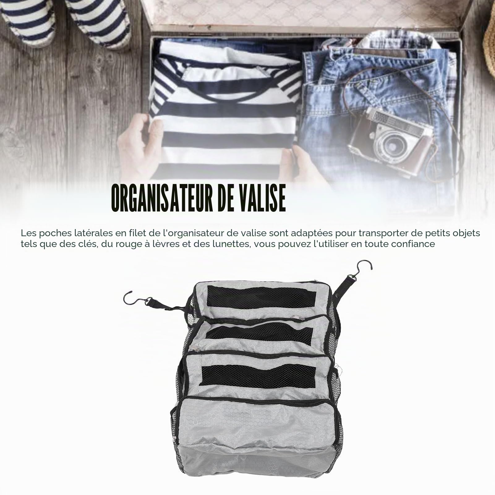 Organisateur de valise, organiseur de valise suspendu pour voyage, pliable, portable, sac de transport, bagage de compression à suspendre dans l'armoire (sac uniquement), gris
