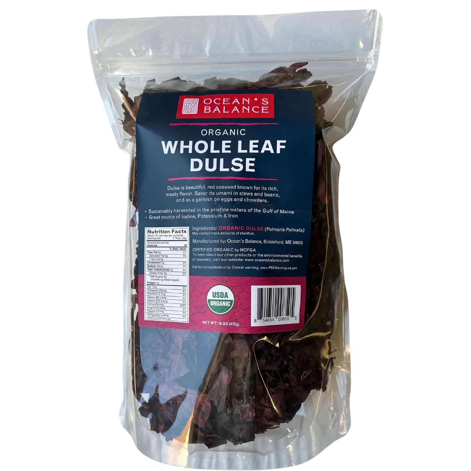 Ocean’s Balance Organic Dulse Whole Leaf – Atlantic Seaweed Snack & Cooking Ingredient ,Soup Topping Seaweed ,Seaweed For Ramen&Salad – Iron & B12 – Vegan, Paleo, Gluten-Free – 1 lb BagUSDA Organic