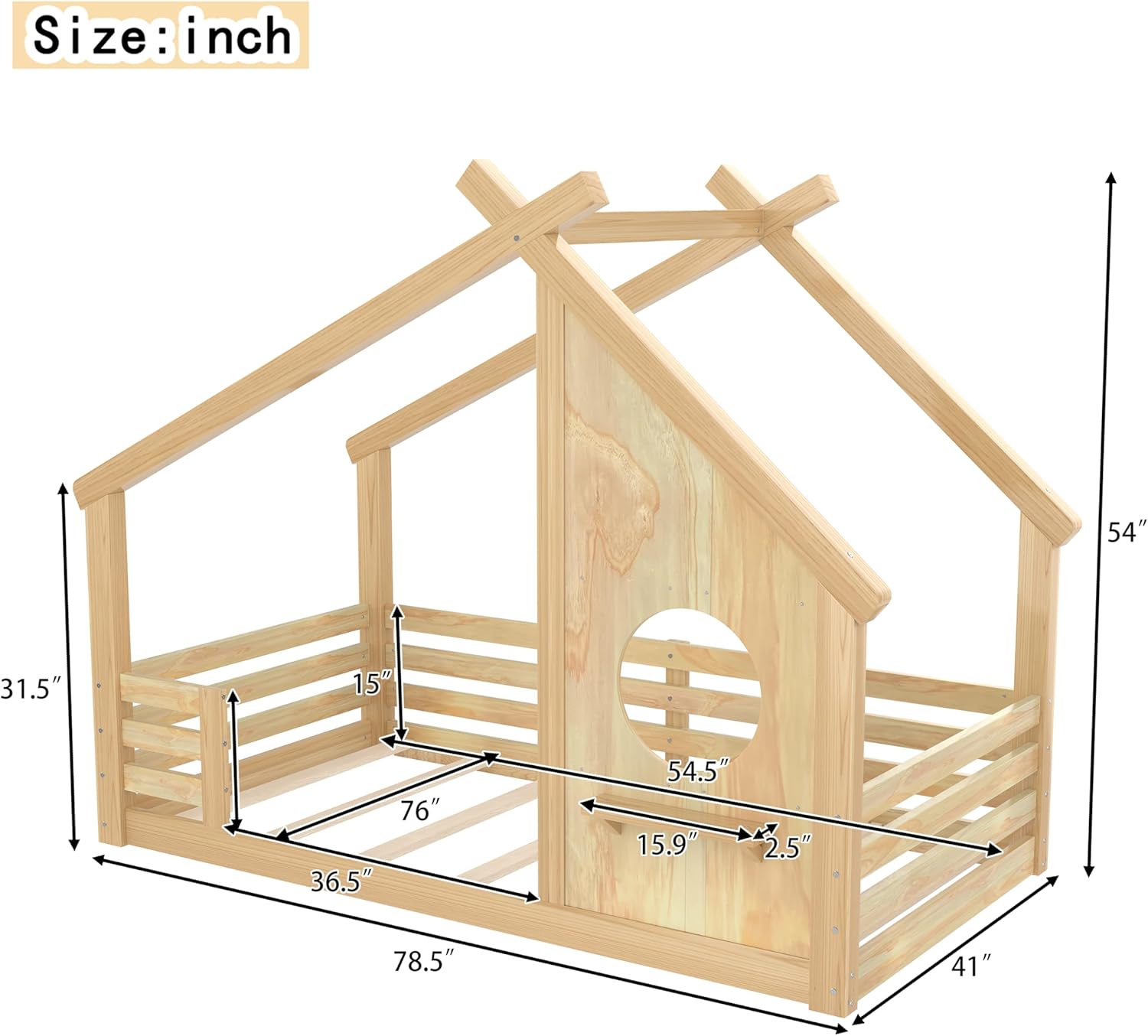 Polibi Twin Size House Floor Bed with Window and a Small Shelf, Solid Wood Low Profile Floor Bed for Kids, No Box Spring Needed, Natural