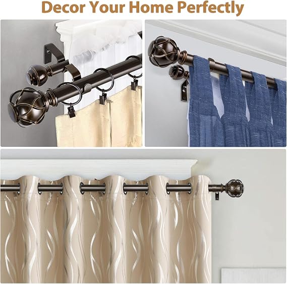 KAMANINA Double Curtain Rod 32 to 58 Inch, Adjustable Drapery Rods, Bronze | 1 Inch Heavy Duty Dual Rods, Easy to Install, Decorative Netted Texture Finials, for Bedroom, Living Room, Fit 20-54 Windows