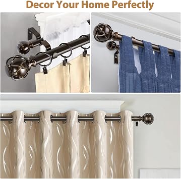 KAMANINA Double Curtain Rod 32 to 58 Inch, Adjustable Drapery Rods, Bronze | 1 Inch Heavy Duty Dual Rods, Easy to Install, Decorative Netted Texture Finials, for Bedroom, Living Room, Fit 20-54 Windows