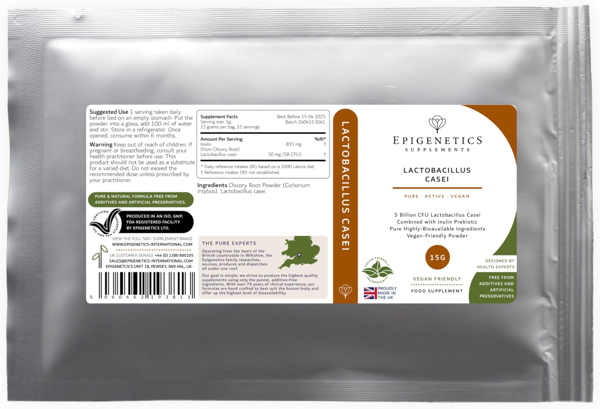 Lactobacillus Bulgaricus 15g | 5 Billion CFU Probiotic + Chicory Root Prebiotic (Inulin) | Vegan Friendly Powder UK Made | 1g Daily (15 Servings)