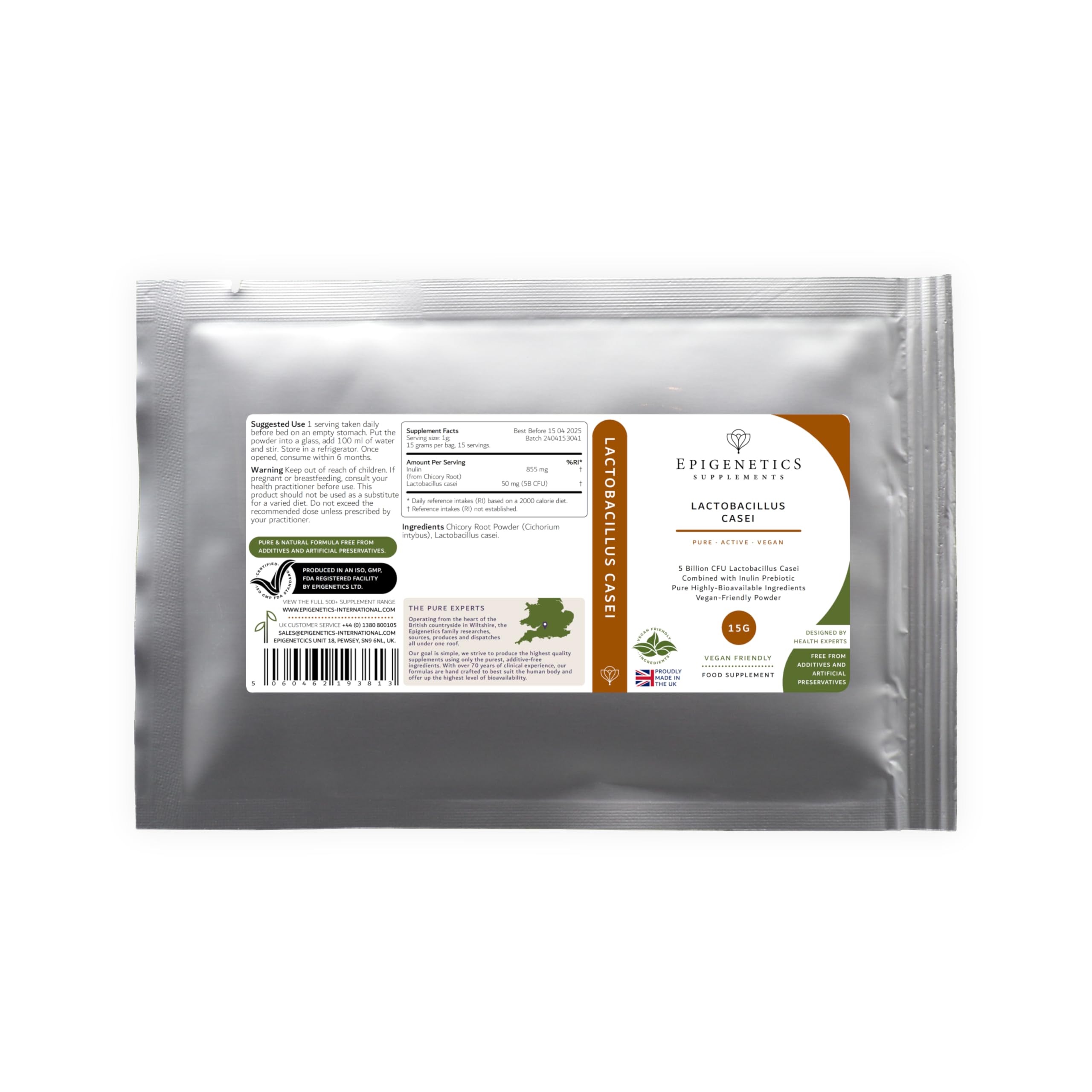 Lactobacillus Bulgaricus 15g | 5 Billion CFU Probiotic + Chicory Root Prebiotic (Inulin) | Vegan Friendly Powder UK Made | 1g Daily (15 Servings)