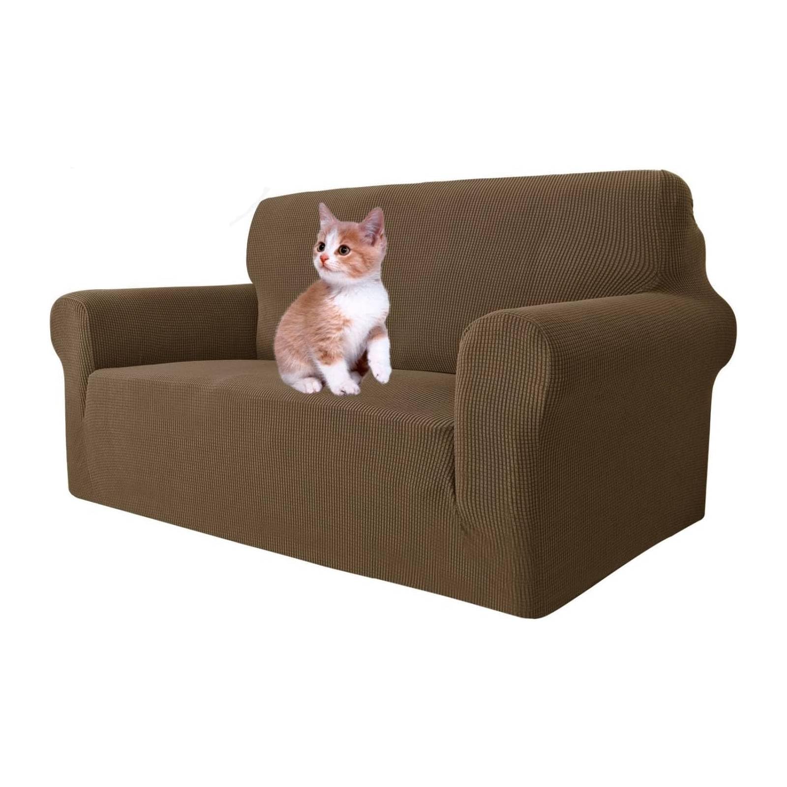 MAXIJIN Super Stretch Couch Cover for 2 Seater Couch, 1-Piece Universal Love Seat Covers Jacquard Spandex Sofa Protector Dogs Pet Friendly Fitted Loveseat Slipcover (2 Seater, Brown)