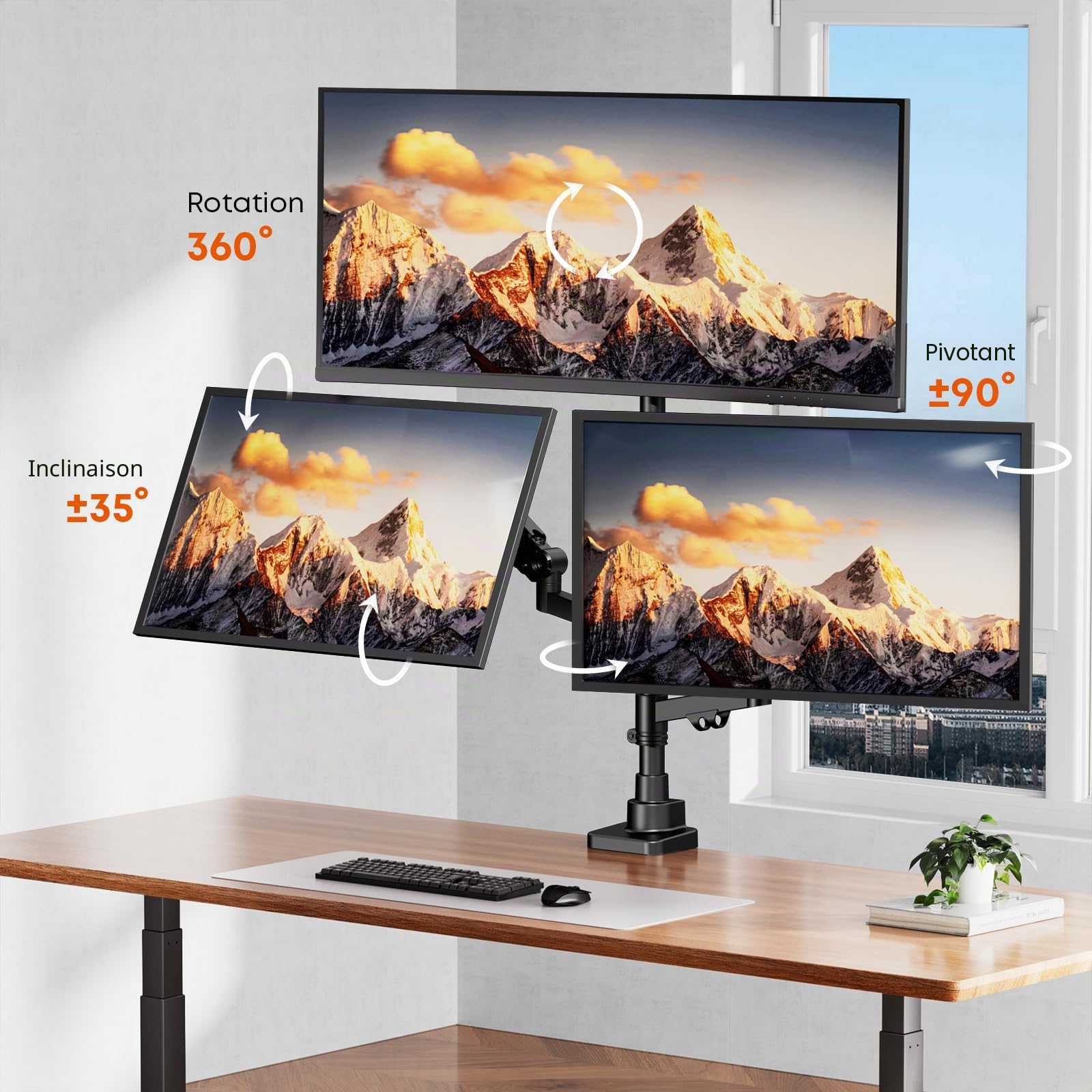 PUTORSEN Support de Moniteur 3 moniteurs pour écran de 17 à 35", Support pour 3 écrans réglable en Hauteur avec Une capacité de 12 kg par Bras, Barre de 80 cm, VESA 75/100 mm